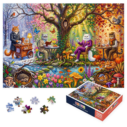 500 Piece Jigsaw Puzzle for Adults - Four Seasons Cat Cafe Whimsical Painting - Colorful Storybook Art Style 20.5x15 in with Reference Poster - Unique