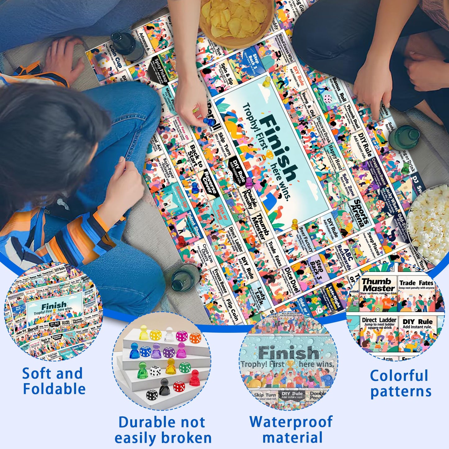 YAMMI Drinking Games for Adults, 79 Game Squares Wild Challenges with Reusable Waterproof Rubber Mat Board Game, 31.5×23.7IN for 2-8 Players at
