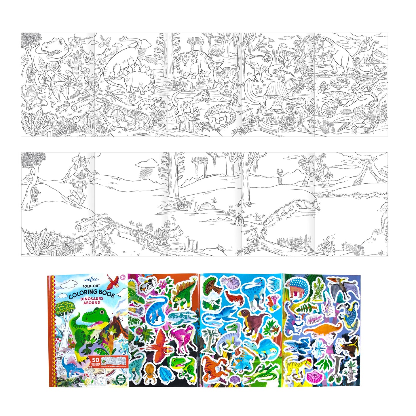 eeBoo: Dinosaurs Abound Fold-Out Coloring Book - 39" of Coloring Space, 50 Stickers, Screen-Free Activity for Kids Ages 3 and up