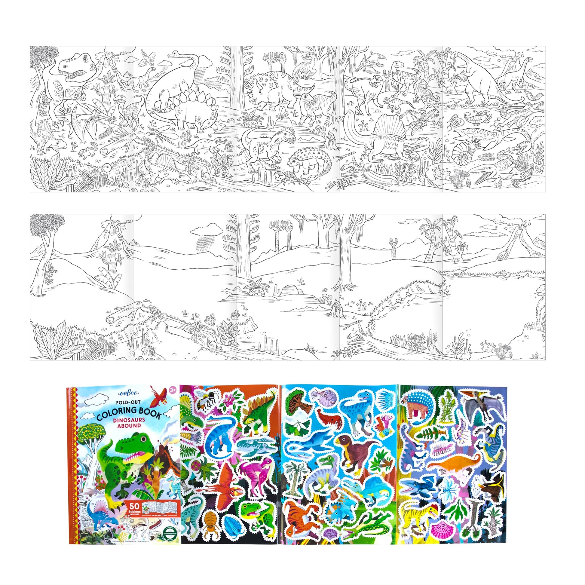 eeBoo: Dinosaurs Abound Fold-Out Coloring Book - 39" of Coloring Space, 50 Stickers, Screen-Free Activity for Kids Ages 3 and up