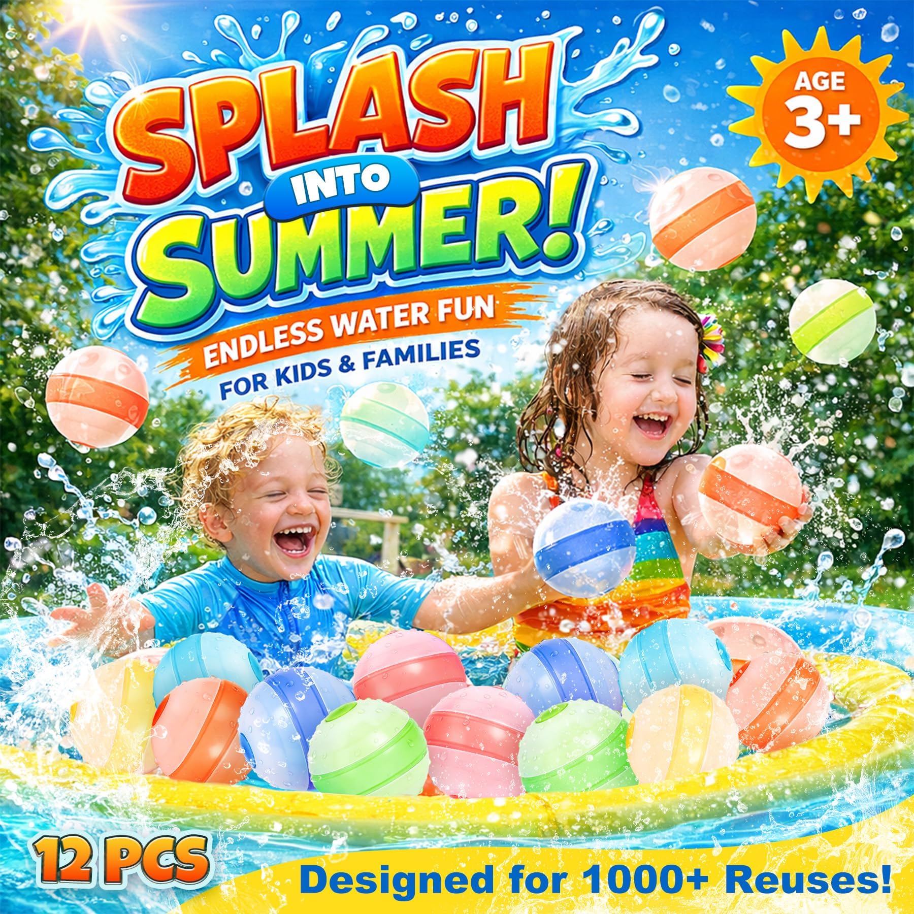 Self-Sealing Reusable Water Balloons for Kids - 12 Pack Soft Silicone Splash Balls, No Magnets, Quick-Fill Outdoor Water Battle Toys for Toddlers Boys