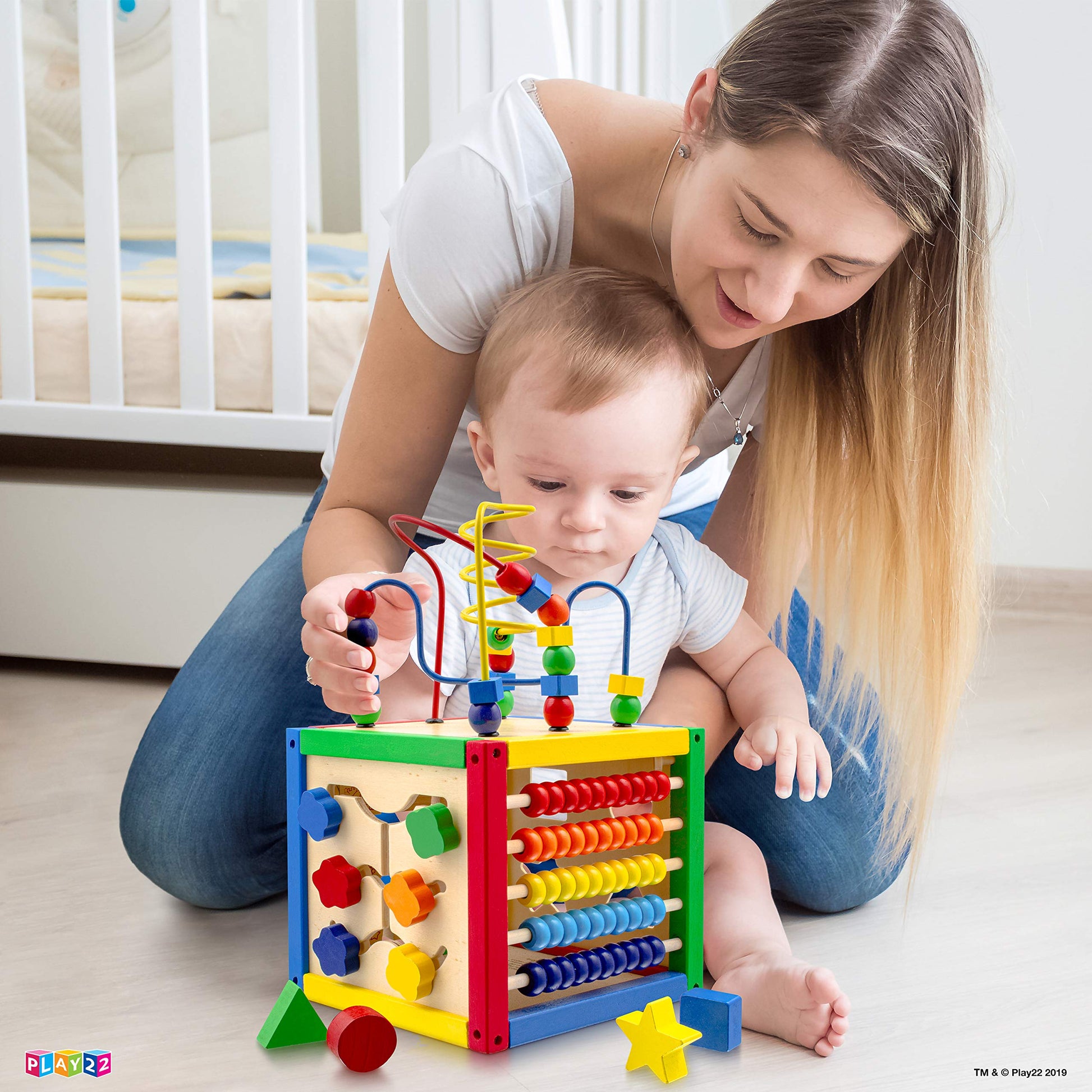 Play22 Wooden Activity Cube for Baby - 6 in-1 Baby Activity Play Cube with Bead Maze, Shape Sorter, Abacus Counting Beads, Counting Numbers, Sliding