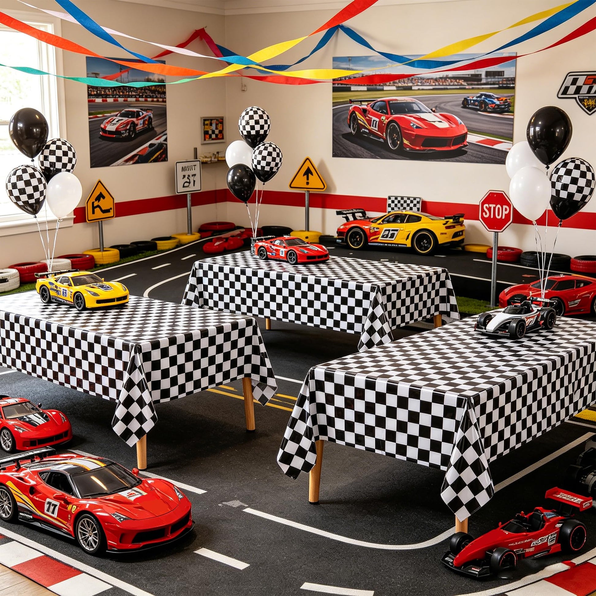PPXMEEUDC 3 Pack Black White Checkered Tablecloth, 54 x 108 Inch Waterproof Disposable Plastic Rectangular Table Covers for Race Car, Poker, Chess