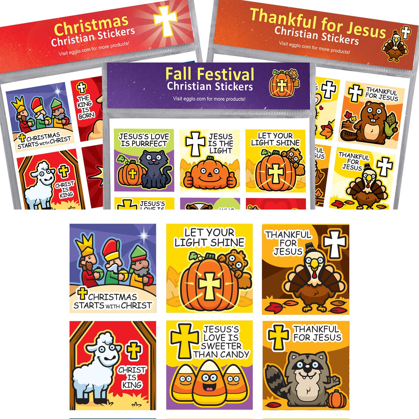 Christian Holiday Stickers for Kids - (3-Pack) Fall, Thanksgiving & Christmas - Religious Toys, Gifts, Crafts, Stocking Stuffers, Party Supplies