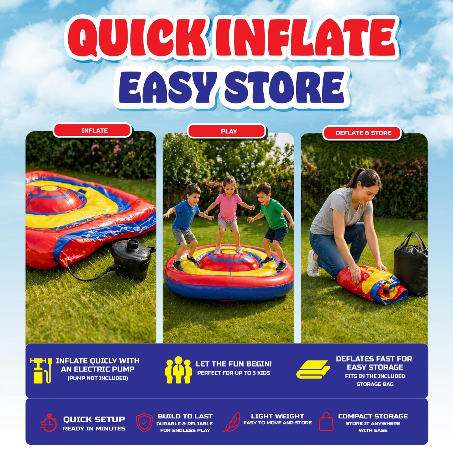 Playland 7.5 FT Inflatable Balance Platform for Kids - Bullseye Wobble Bounce Pad, Outdoor Play Toy for Backyard, Supports 300 lbs, Up to 3 Kids