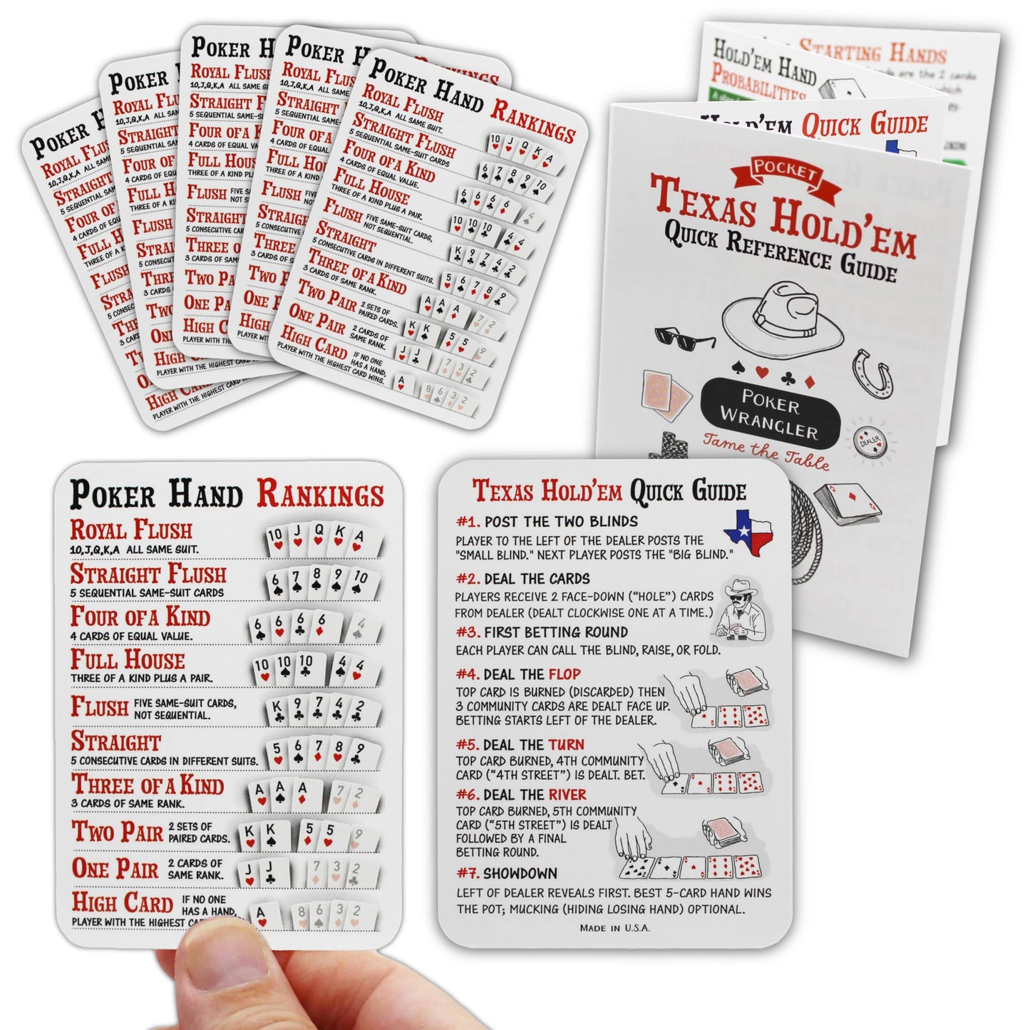 POKER WRANGLER Illustrated Poker Cheat Sheets. Set of 5 Poker Hand Ranking Cards and Texas Hold'em Cheat Sheet and Pocket Guide