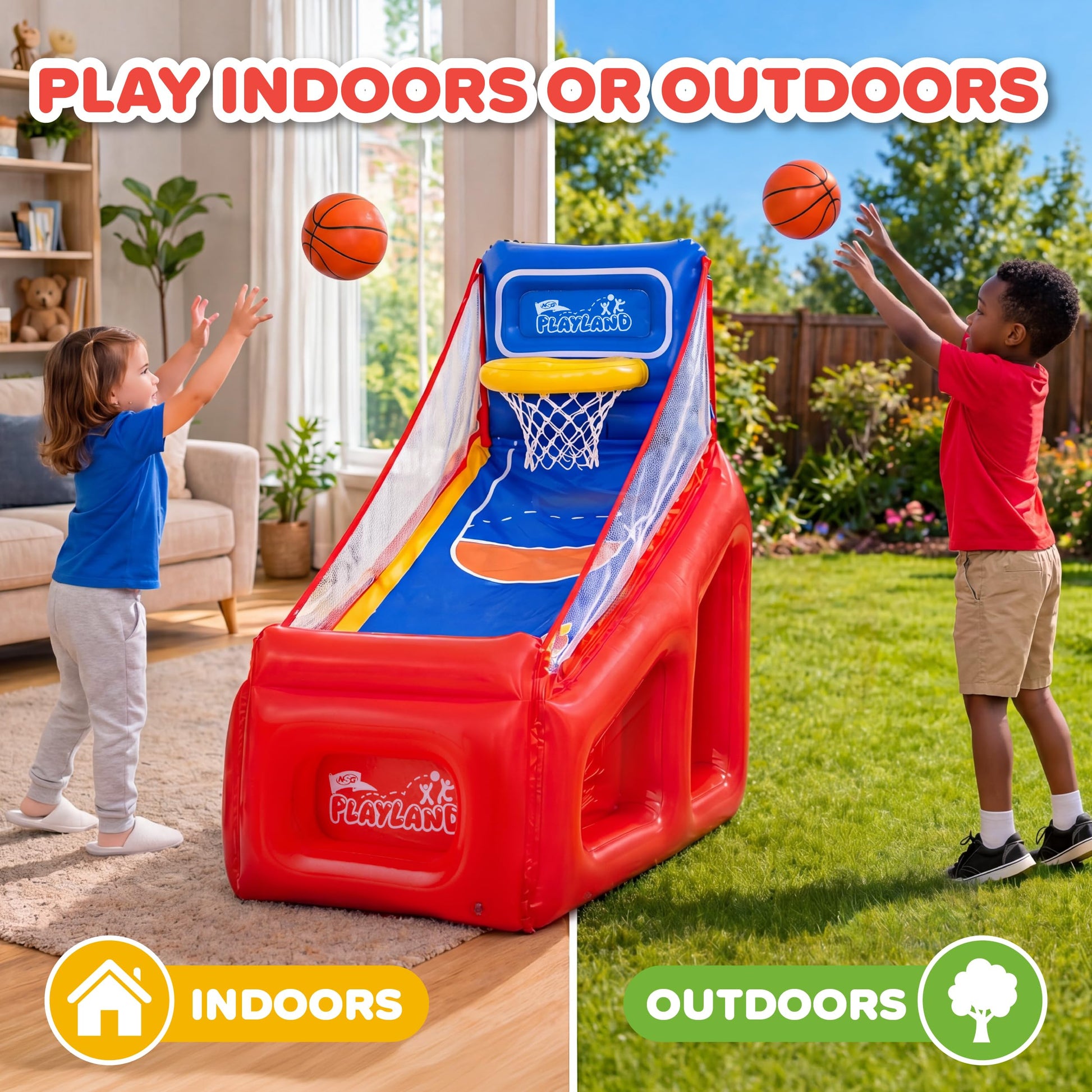 NSG PlayLand Shoot 'N' Score Inflatable Basketball Game for Kids Ages 3+ | Indoor & Outdoor Arcade Basketball Set with Hoop, 3 Balls & Pumps | Family