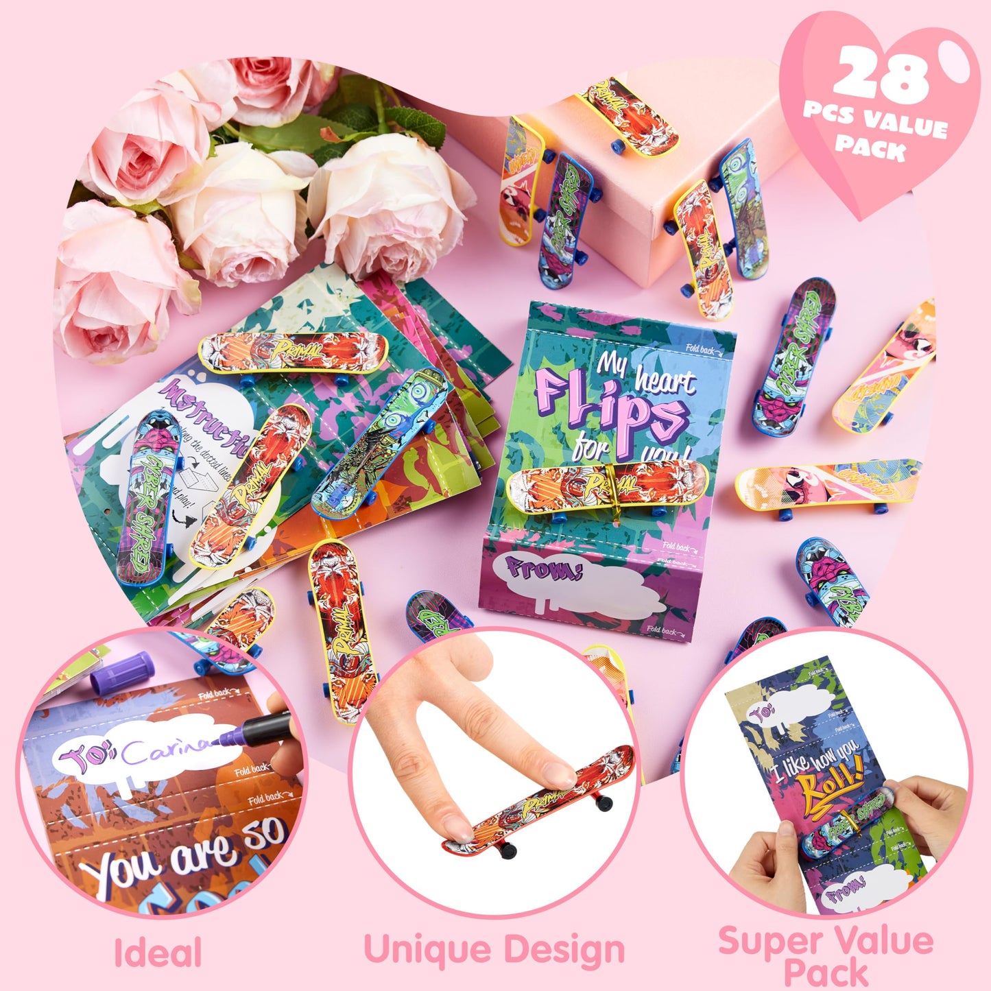 JOYIN 28 Pcs Valentines Day Finger Skateboards with Cards for Kids, Valentine Party Favor, Greeting Cards, Classroom Exchange Prizes, Holiday Reward