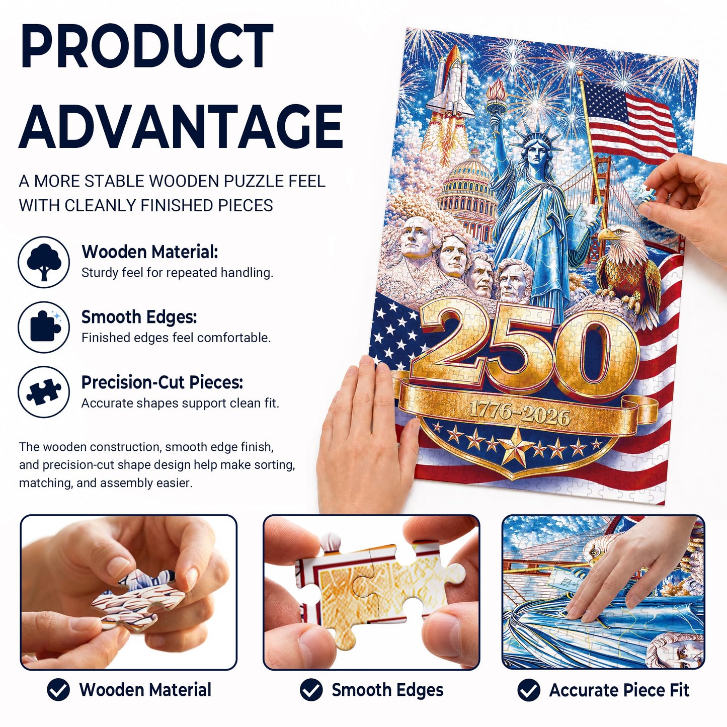 America 250 Anniversary Wooden Puzzle 1000 Pieces, USA 250th 1776-2026 Patriotic Artwork with Letters on Back, Challenging Jigsaw Puzzles for Adults