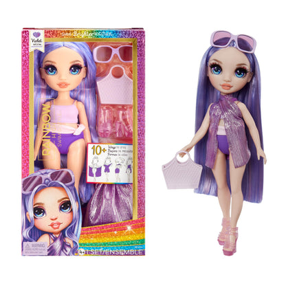 Rainbow High Swim & Style Violet, Purple 11" Fashion Doll with Shimmery Wrap to Style 10+ Ways, Removable Swimsuit, Sandals, Fun Play Accessories