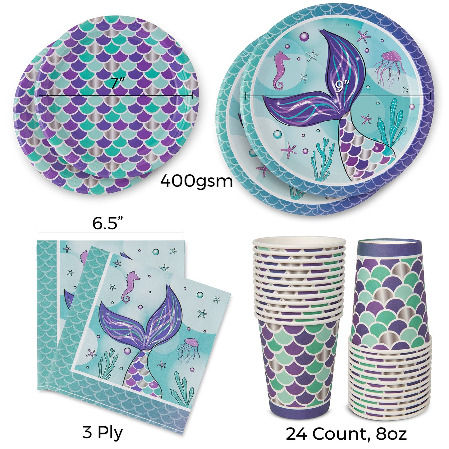 Royal Bluebonnet Mermaid Party Plates - 24 Sets of Purple Mermaid Paper Plates and Napkins Supplies, Sturdy 400 GSM Paper Products for Under the Sea