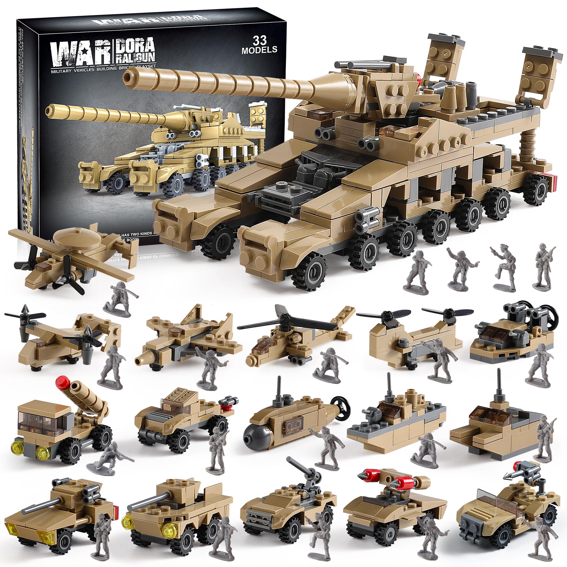 WW2 Army Tank Toys Building Sets Compatible with Lego, Create a German Dora Cannon or 16 Military Vehicles with 20 Toy Soldiers, STEM Toys for Boys
