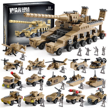 WW2 Army Tank Toys Building Sets Compatible with Lego, Create a German Dora Cannon or 16 Military Vehicles with 20 Toy Soldiers, STEM Toys for Boys