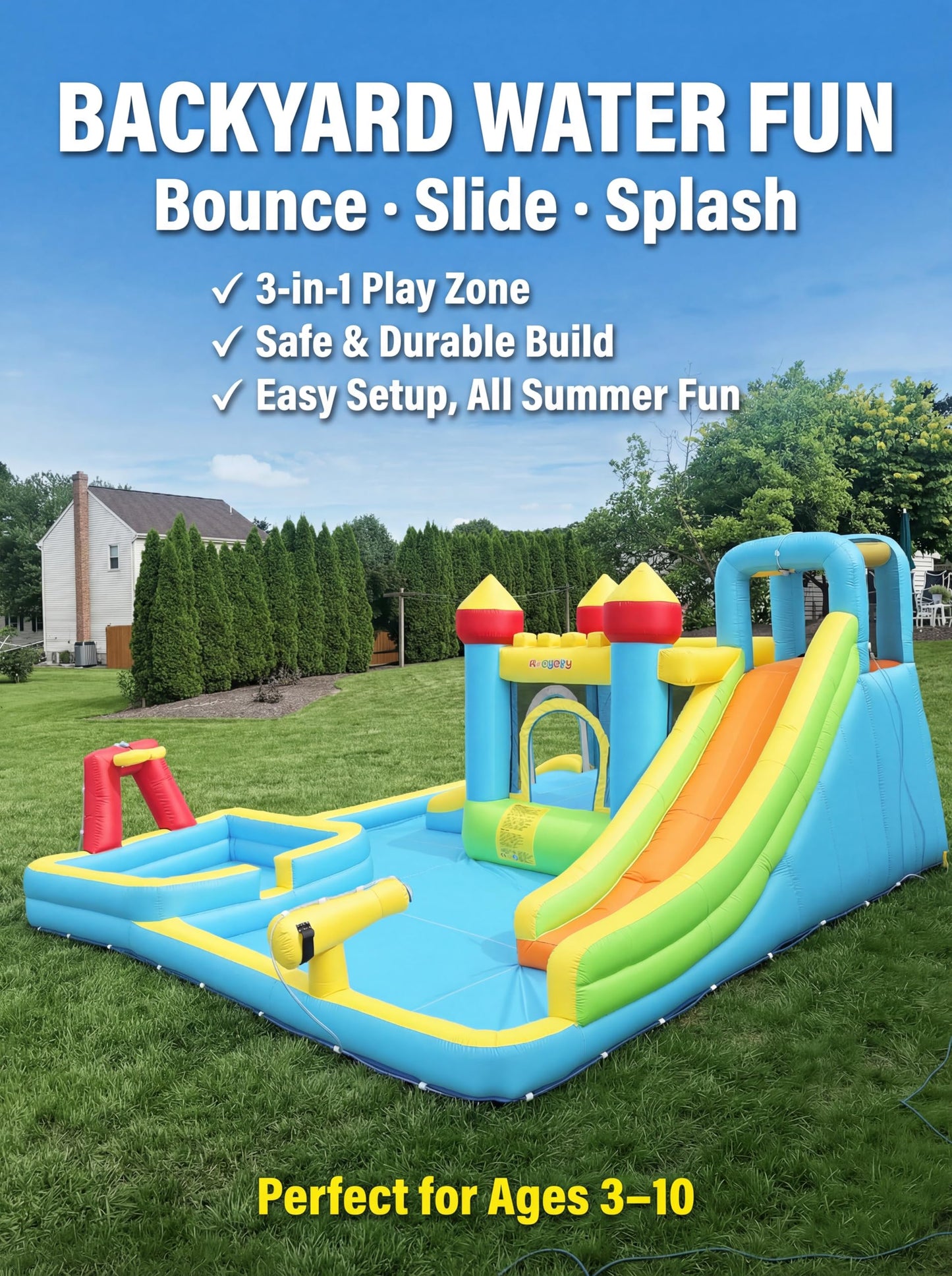 Inflatable Water Slide Bounce House for Kids, 11-in-1 Blow Up Water Park with Long Slide,Basketball Hoop,Splash Pool,Deep Pool, Water Play Center