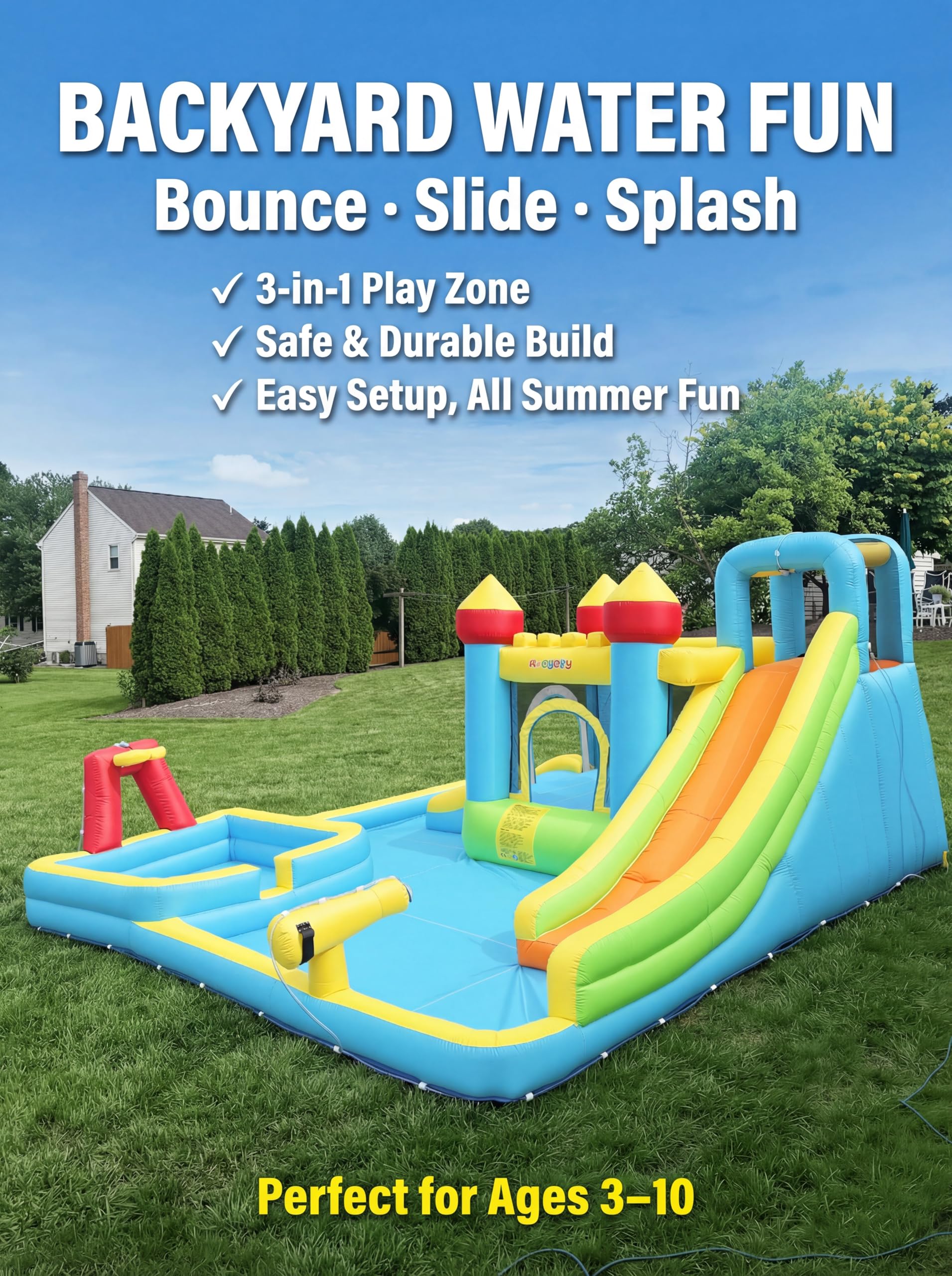 Inflatable Water Slide Bounce House for Kids, 11-in-1 Blow Up Water Park with Long Slide,Basketball Hoop,Splash Pool,Deep Pool, Water Play Center