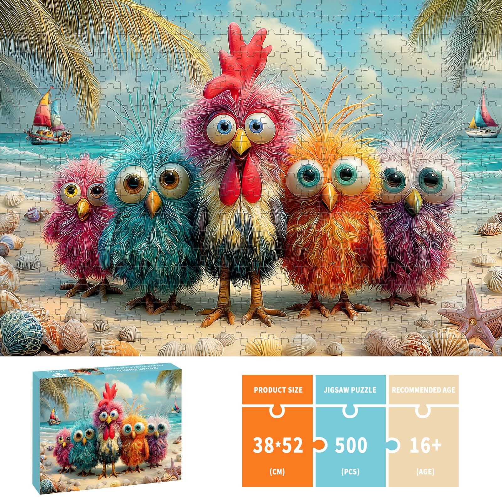 Puzzles for Adults 500 Pieces, Chicken Jigsaw Puzzles - Beach Bunch, Impossible Beach Puzzles for Seniors Family, 20.47x14.96 inches, 1:1 Poster