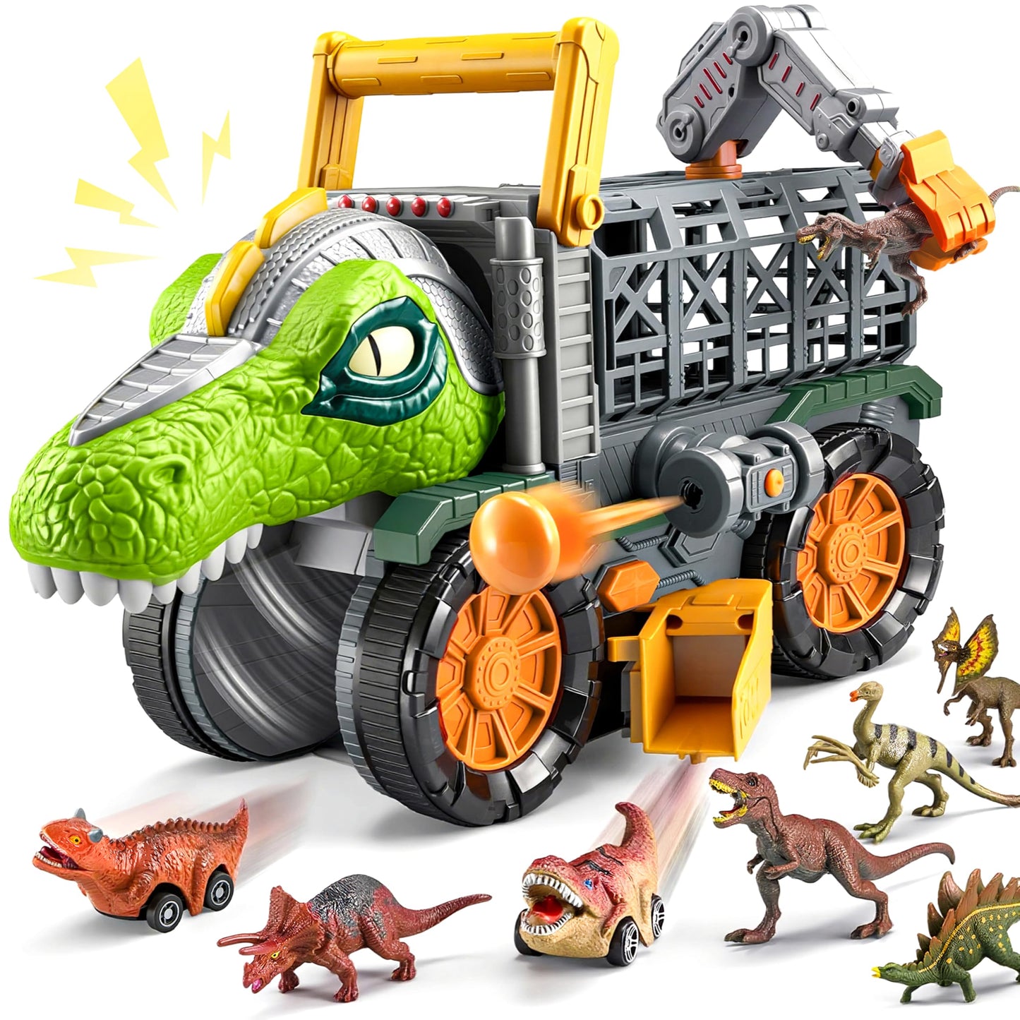 JOVA Vroomix Dinosaur Toy for Toddlers 2 3 4 5+ Year Old, Extra Large Dinosaur Monster Truck with Figures, T-Rex Toy with Launcher and Darts, Crane