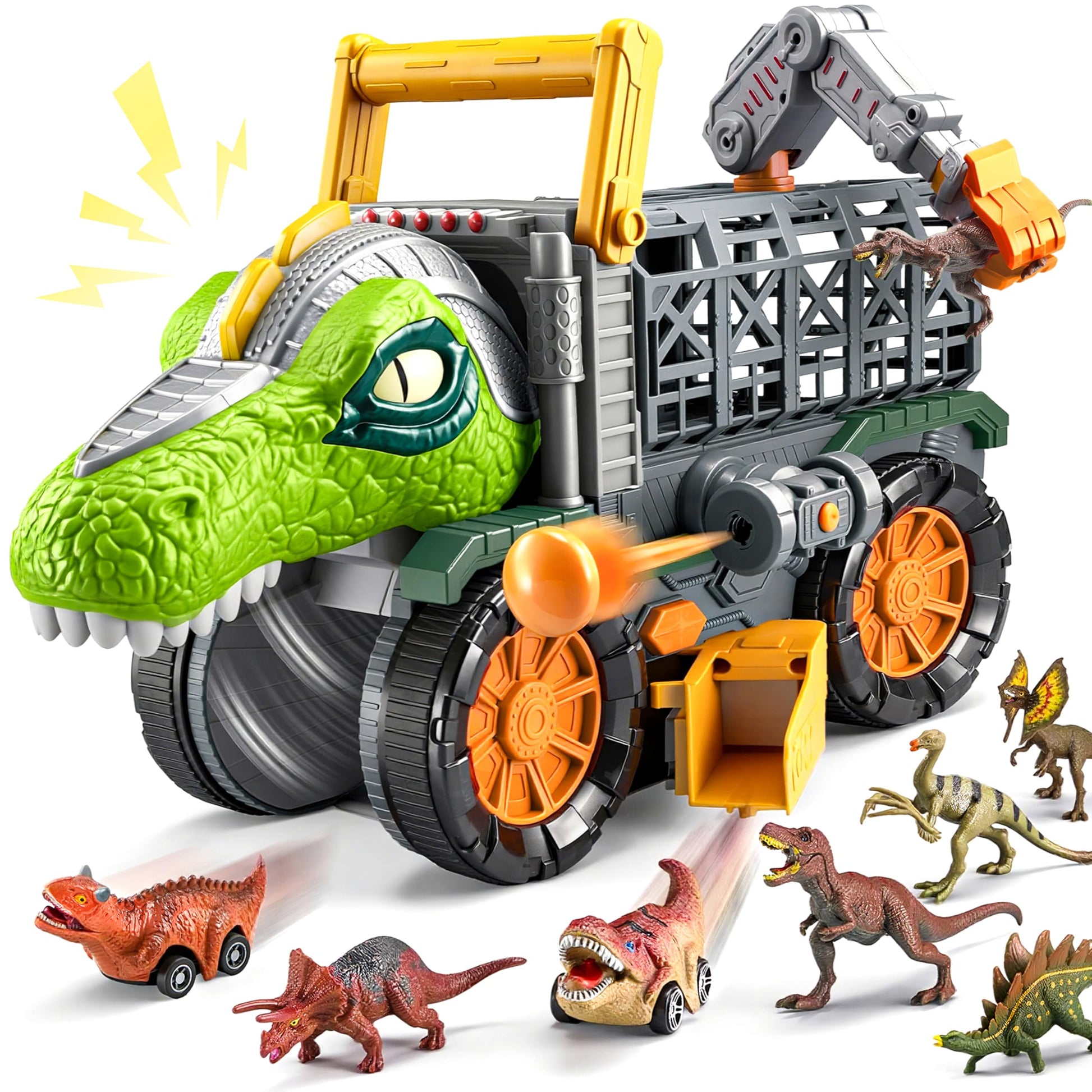 JOVA Vroomix Dinosaur Toy for Toddlers 2 3 4 5+ Year Old, Extra Large Dinosaur Monster Truck with Figures, T-Rex Toy with Launcher and Darts, Crane