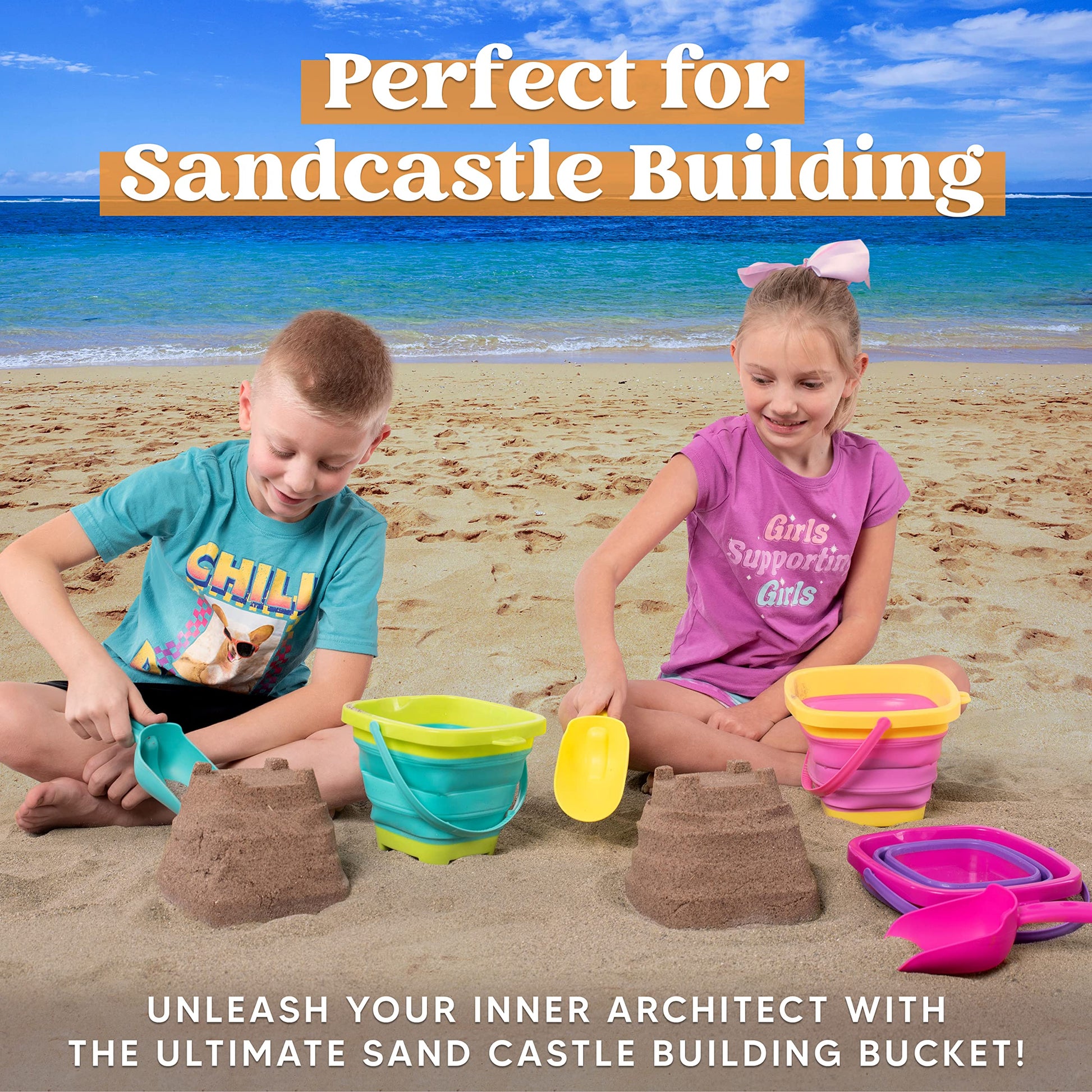 Sloosh 3 Packs Foldable Bucket - Collapsible Bucket with Sand Shovels and Mesh Backpack for Kids Toddlers Beach Toys, Easter Egg Hunt, Camping