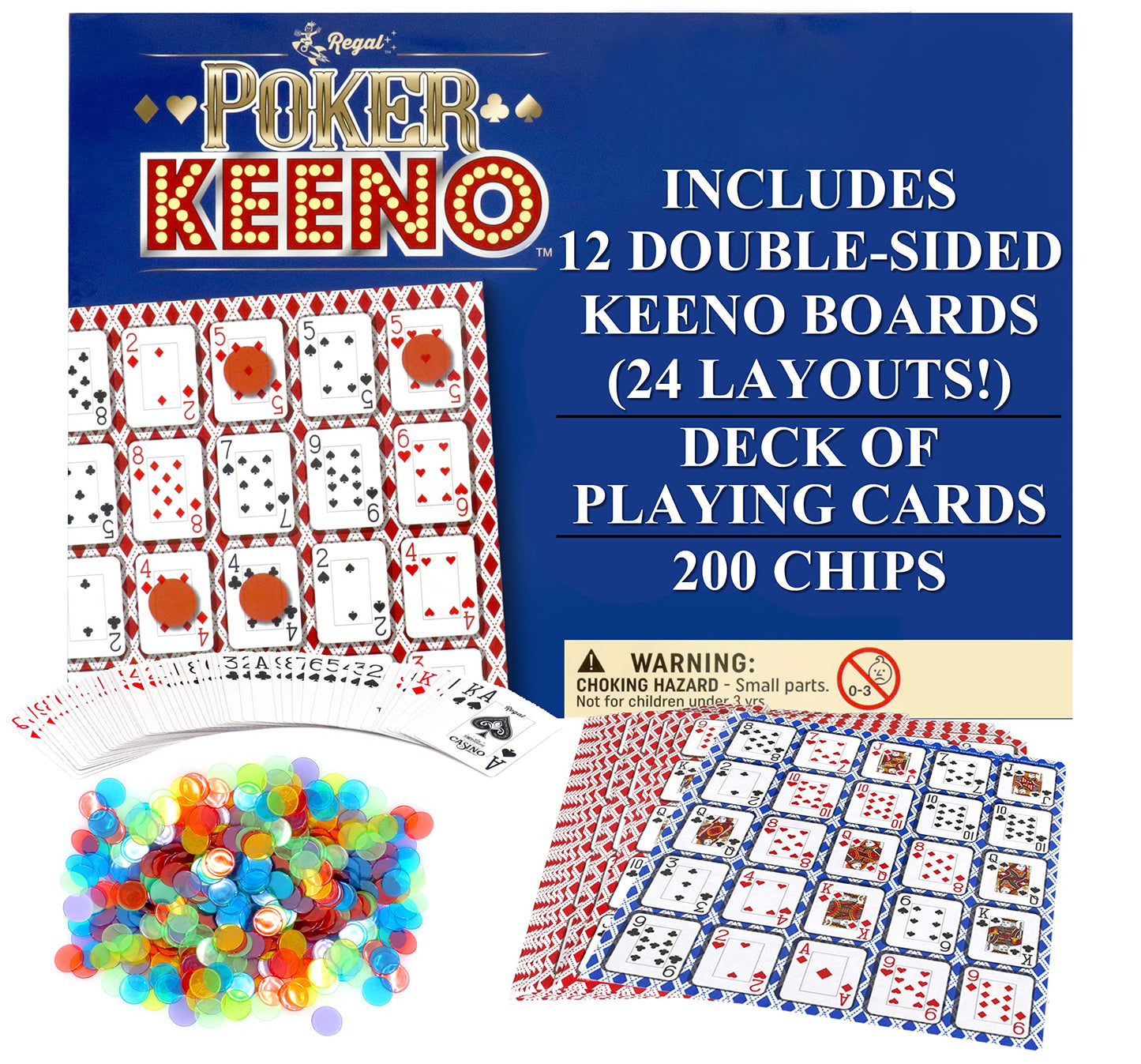 Regal Games - Poker Keeno Bulk Game Set - Includes 12 Two-Sided Boards, 200 Scoring Chips, 1 Deck of Standard Poker Cards - 24 Unique Board Layouts