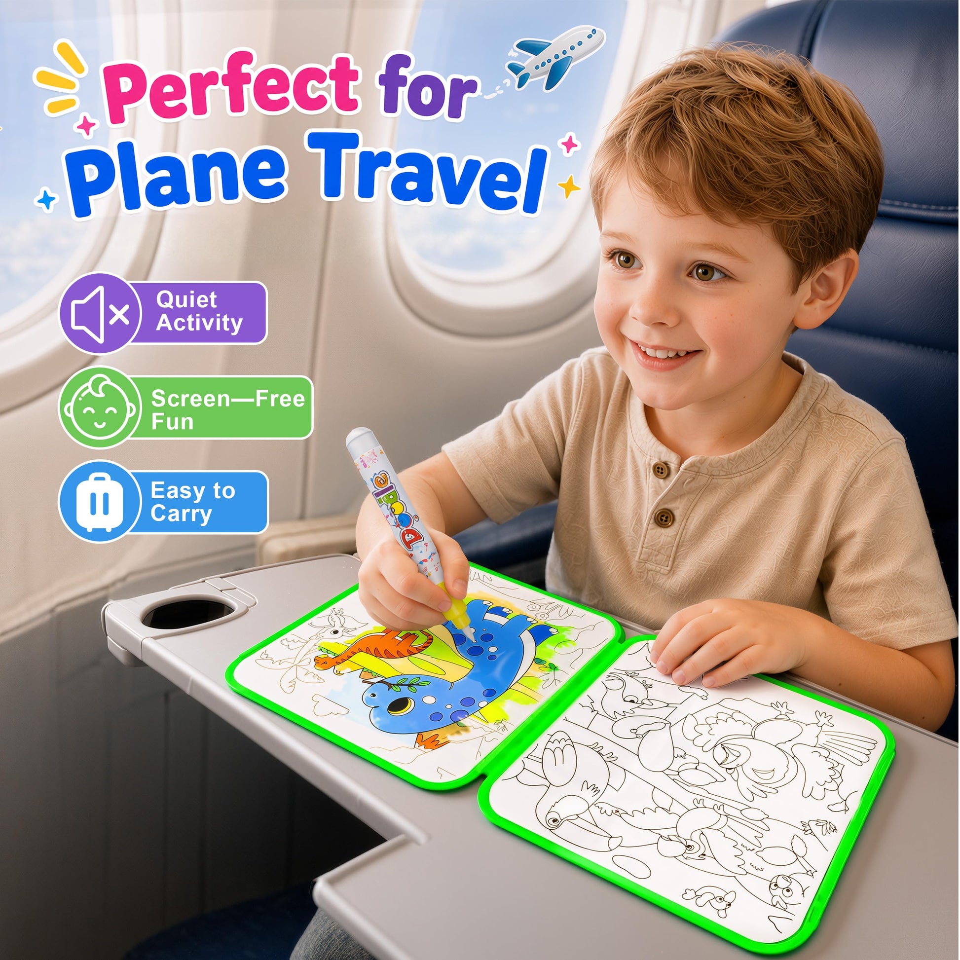 Reusable Water Coloring Books for Toddlers 1-3, Mess-Free Water Painting Book Set With Water Pens(Airplane & Dinosaur) Travel Art Craft Activity Toys