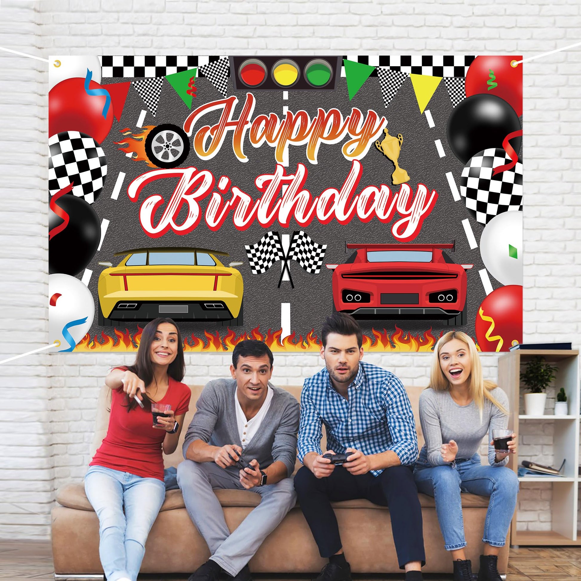 Racing Cars Happy Birthday Decorations Backdrop Banner, Race Car Fast Birthday Party Decorations Photo Background Backdrop for Birthday Party Supplies