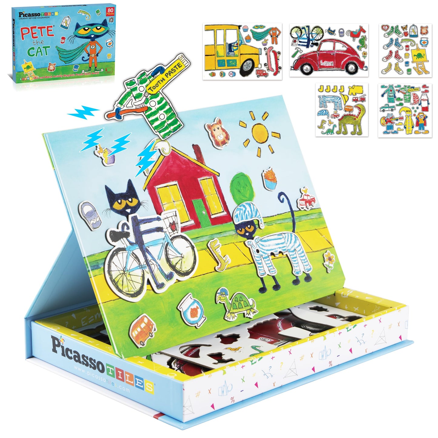 PicassoTiles Pete The Cat 80pc Magnetic Board Game Puzzle Playset Reusable Mix & Match Cartoon Toy with Storytelling, STEM Learning Activity Book