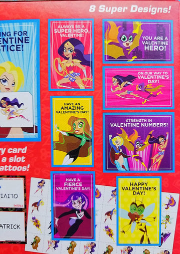 International Greetings 32 Count School Valentines Day Illustrated Cards with Matching Stickers or Tattoos (DC Super Hero Girl)