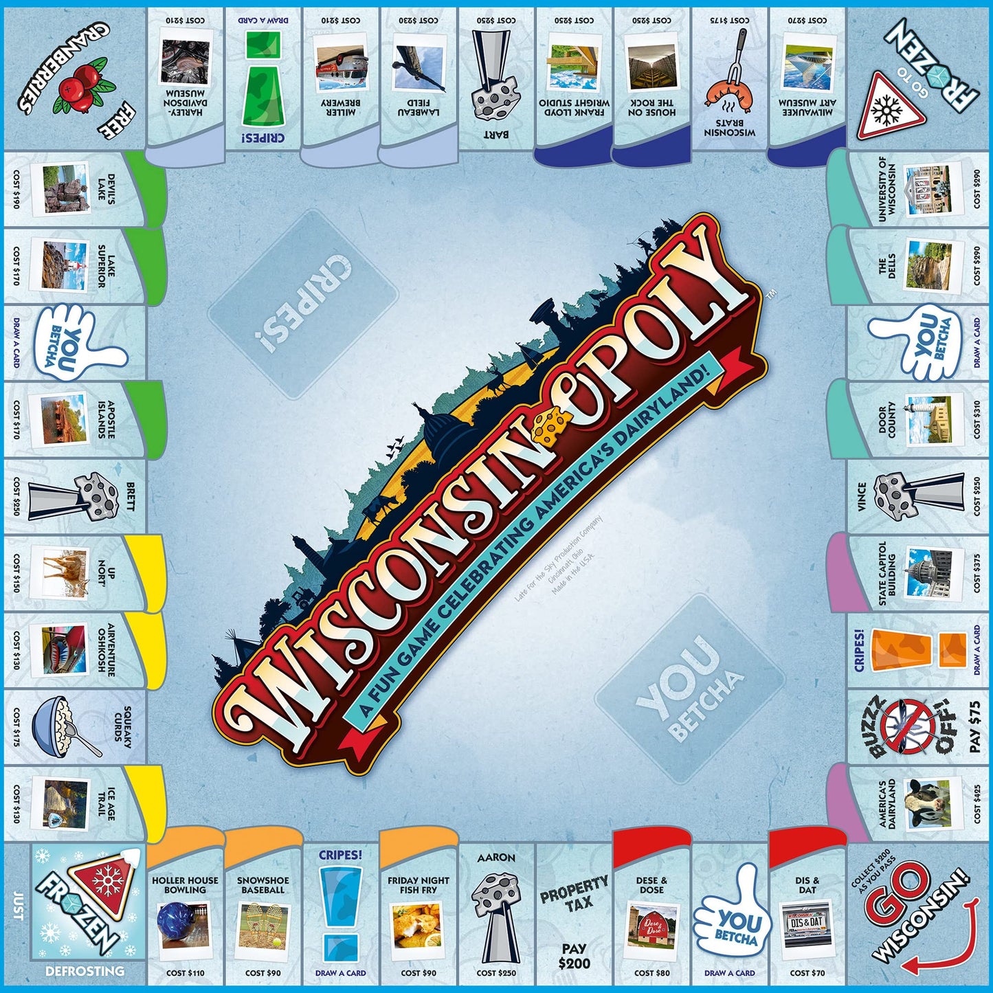 Late for The Sky Wisconsin-Opoly Board Game - Family Strategy Party Game for 2-6 Players, Ages 8+ - Buy Properties, Build Cabins & Lodges - Wisconsin