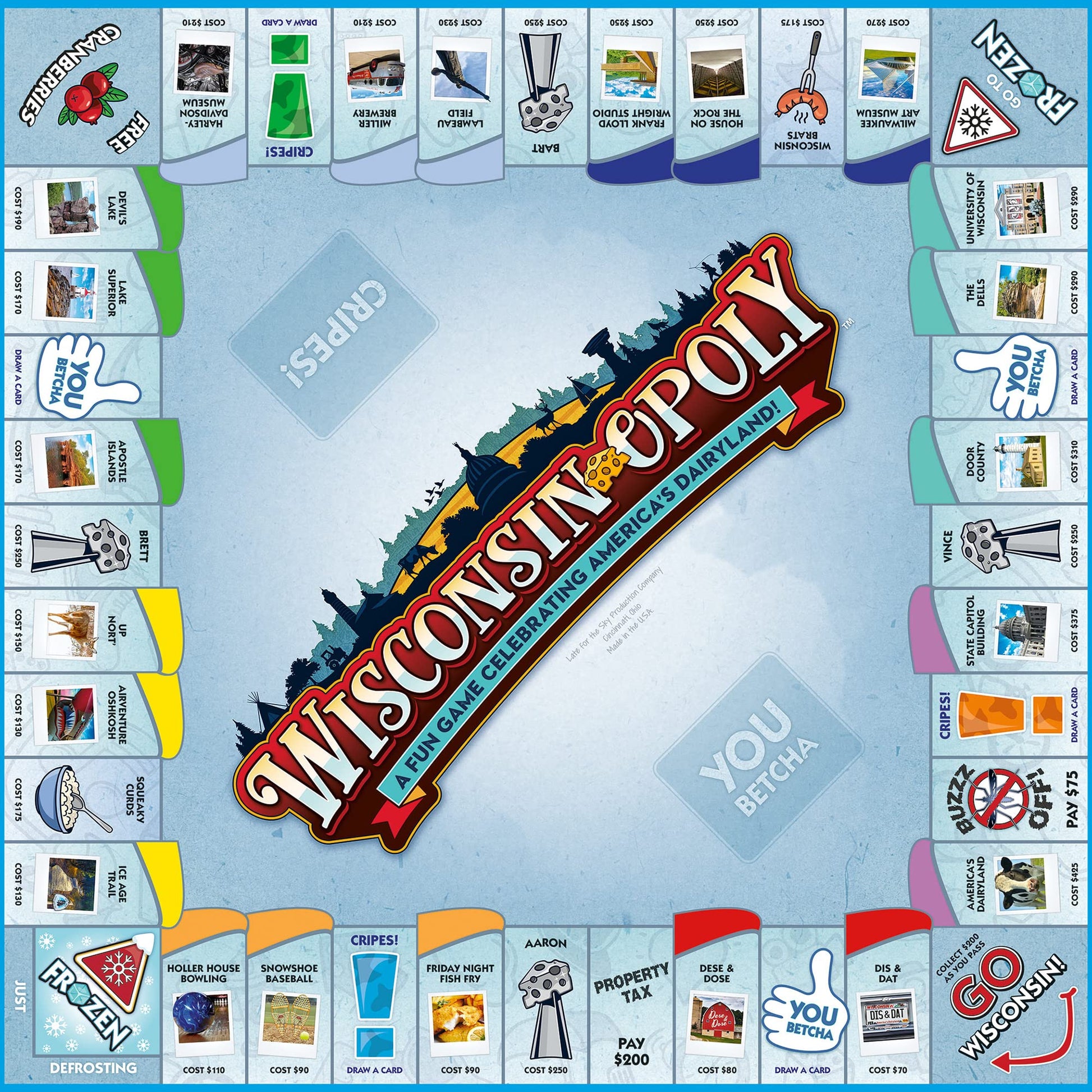 Late for The Sky Wisconsin-Opoly Board Game - Family Strategy Party Game for 2-6 Players, Ages 8+ - Buy Properties, Build Cabins & Lodges - Wisconsin