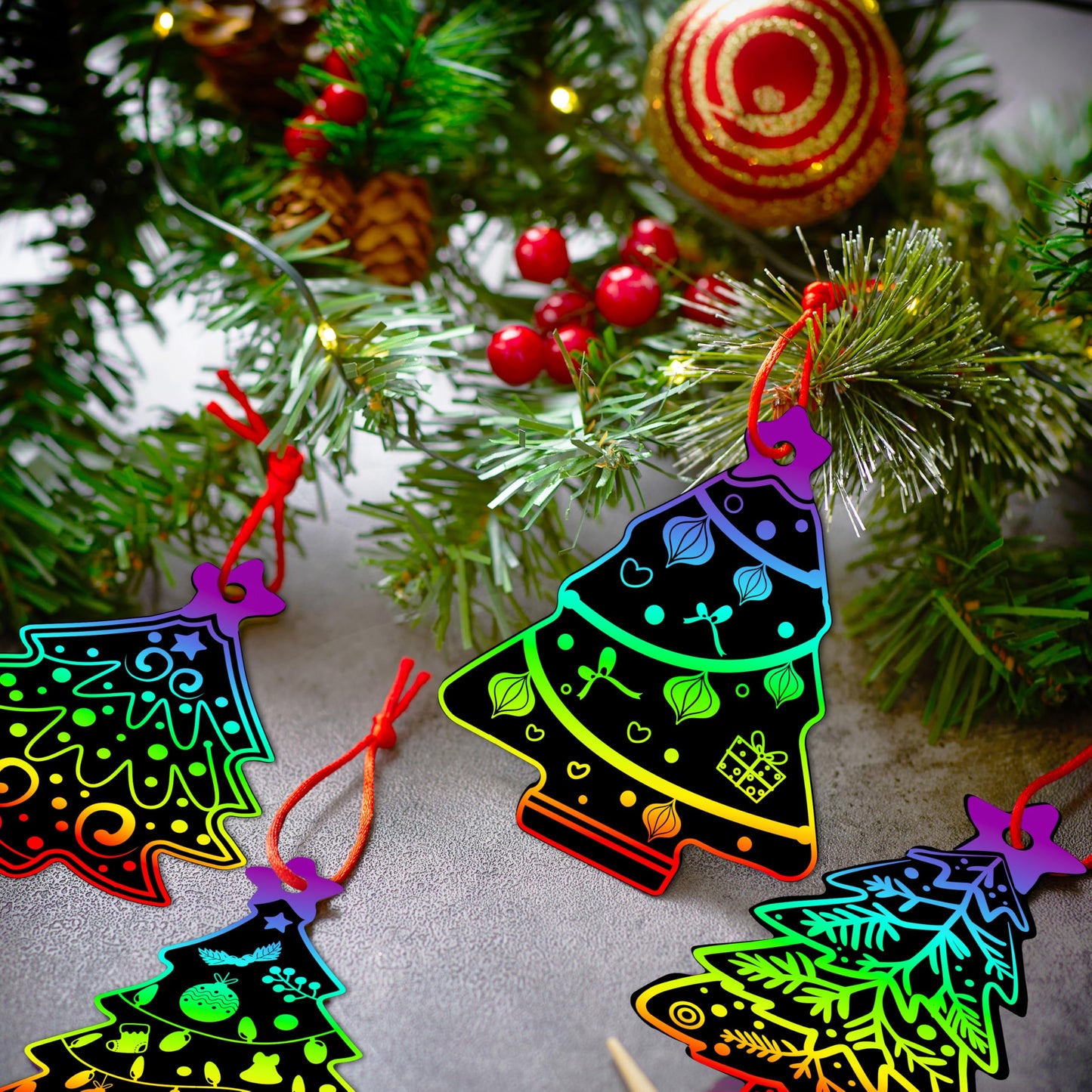 JOYIN 72 Pcs Christmas Scratch Art Ornaments, Rainbow Color Scratch Paper Off Craft Kit Includes Xmas Tree, Christmas Hanging Ornament for Kids
