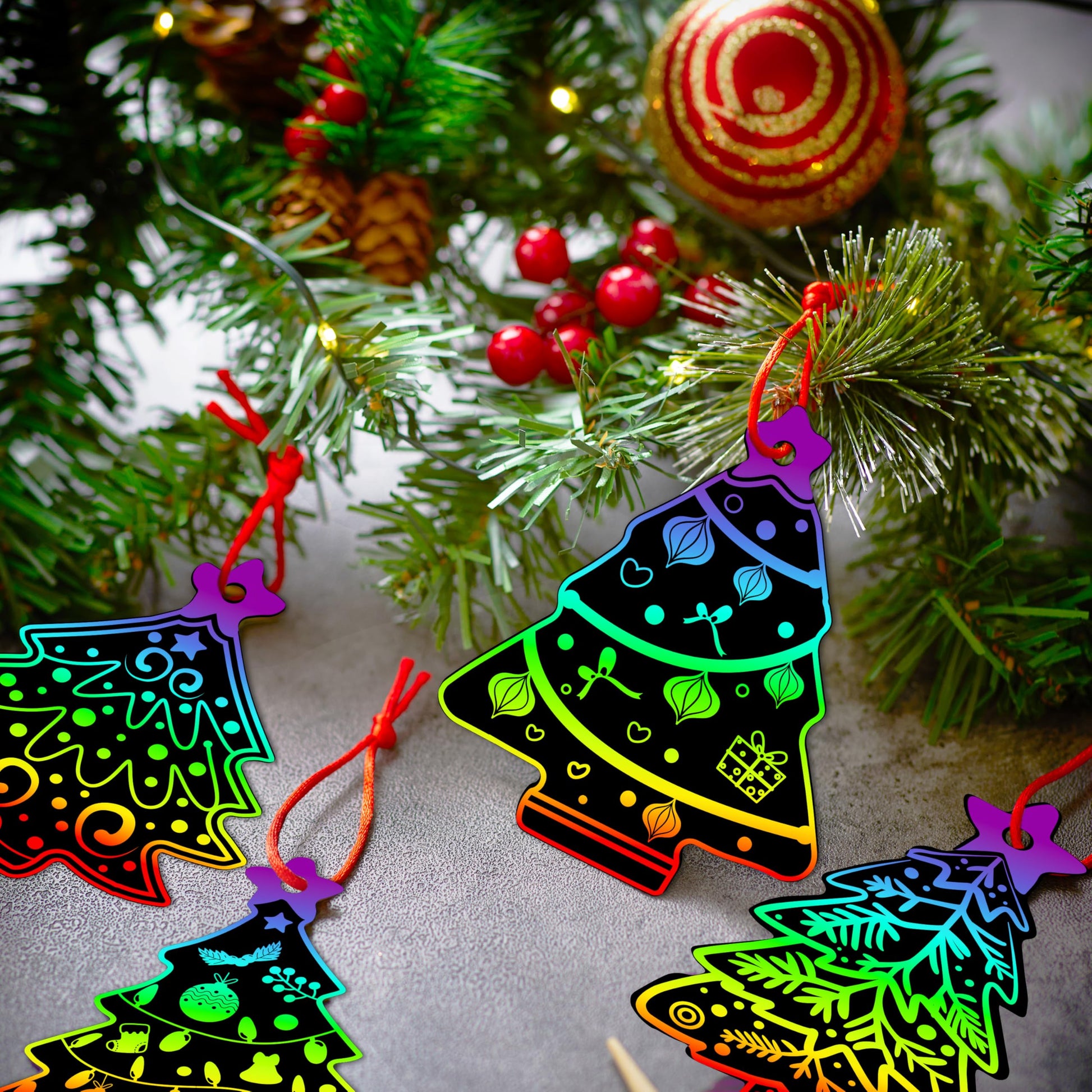JOYIN 72 Pcs Christmas Scratch Art Ornaments, Rainbow Color Scratch Paper Off Craft Kit Includes Xmas Tree, Christmas Hanging Ornament for Kids