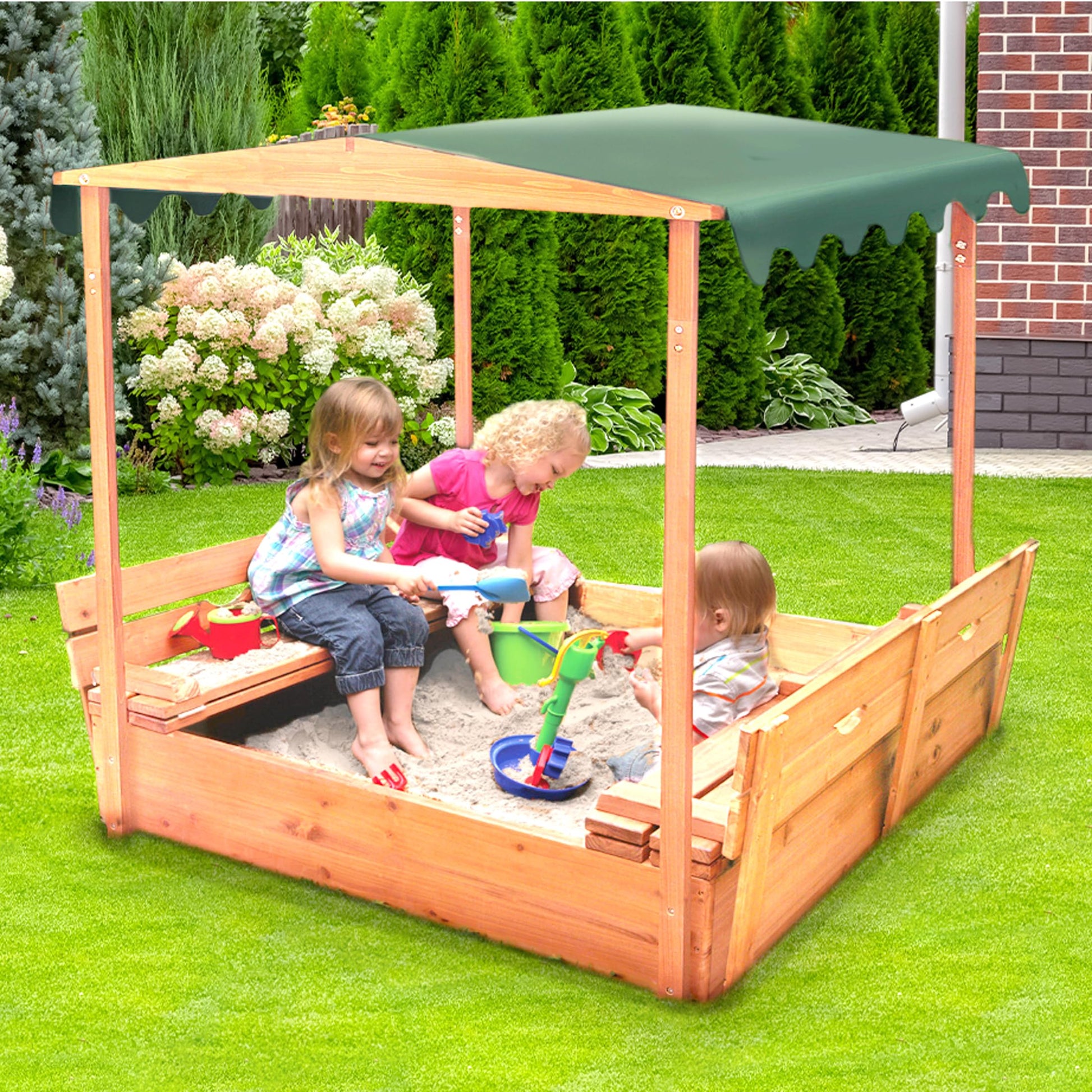 Badger Basket Sandbox for Kids with Canopy & Benches - Outdoor Convertible Wooden Sandbox with Lid, UV Shade & Built-In Seating - Backyard Playset