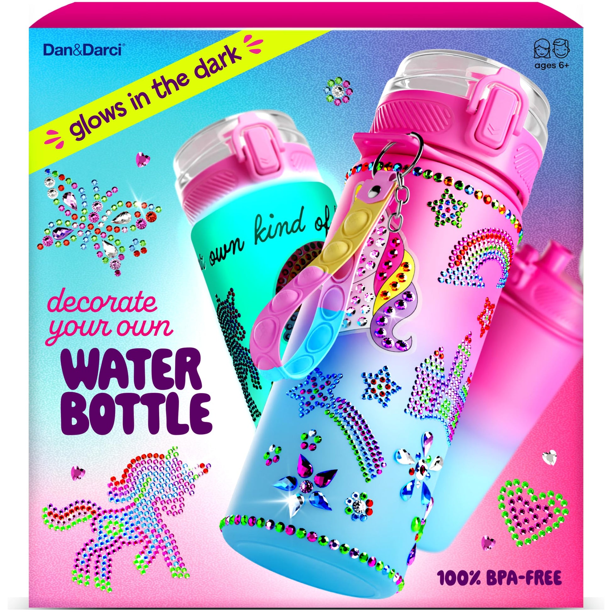 Dan&Darci Decorate Your Own Glow-in-the-Dark Water Bottle Kit for Girls - Birthday Gifts for Girl Ages 4-6 5-7 6-8 - 4 5 6 7 8 Year Old Birthday Gift
