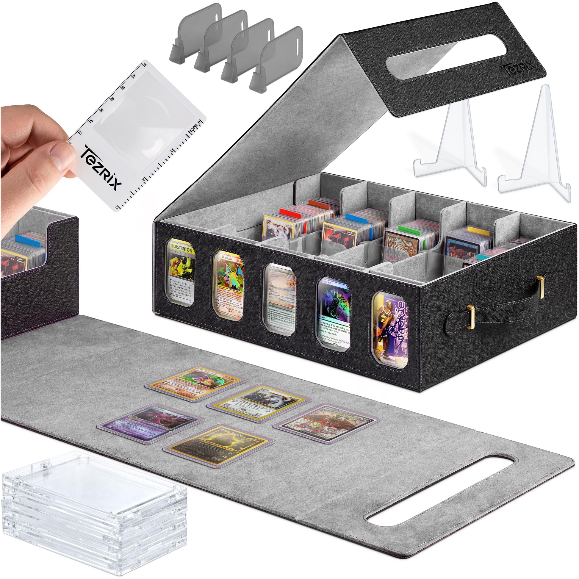 TEZRIX 5-row Trading Card Storage Box with Display Windows | Magnifier Ruler, 2 Display Stands, 7 Cardholders & 24 Category Tabs Included | 3900+ Card
