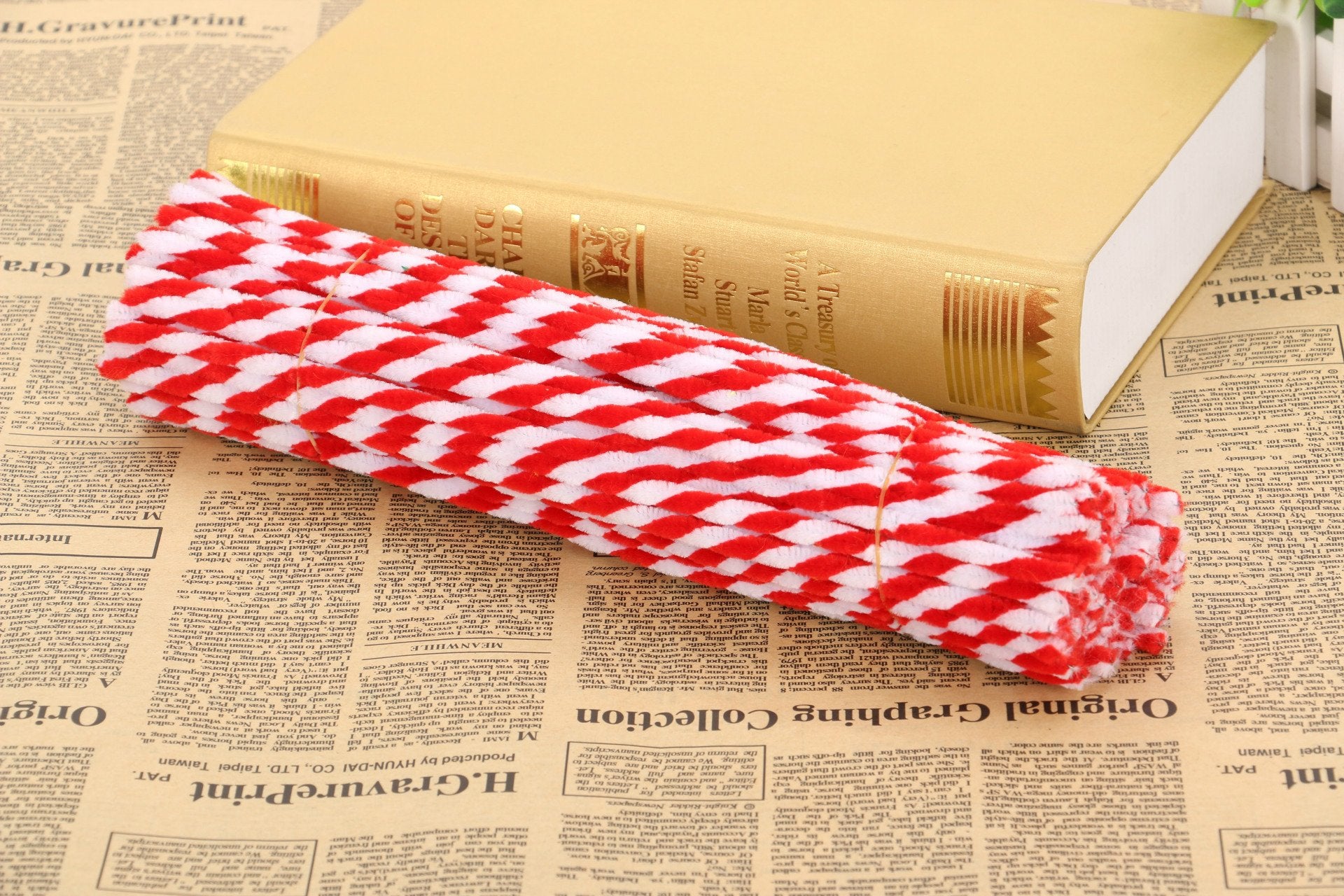 Carykon Pack of 100 Striped Chenille Stems Pipe Cleaners (Red)