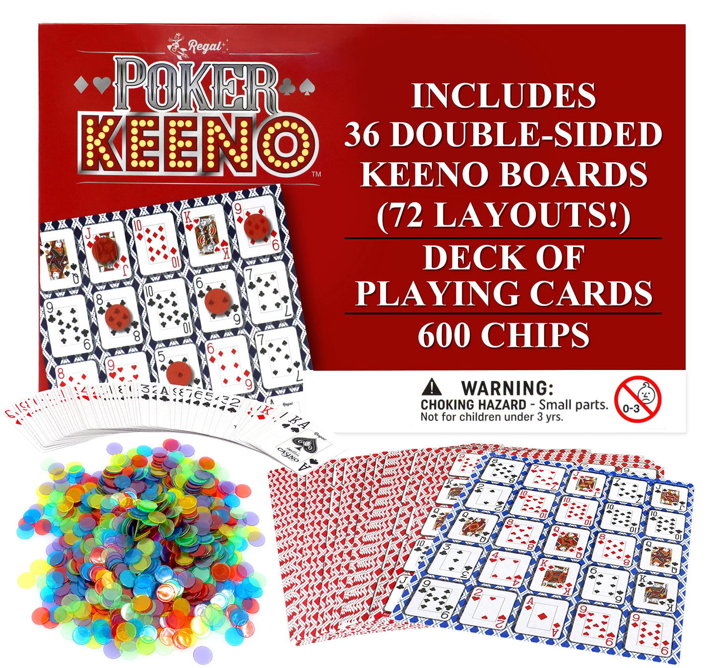 Regal Games - Poker Keeno Bulk Game Set - Includes 36 Two-Sided Boards, 600 Scoring Chips, 1 Deck of Standard Poker Cards - 72 Unique Board Layouts