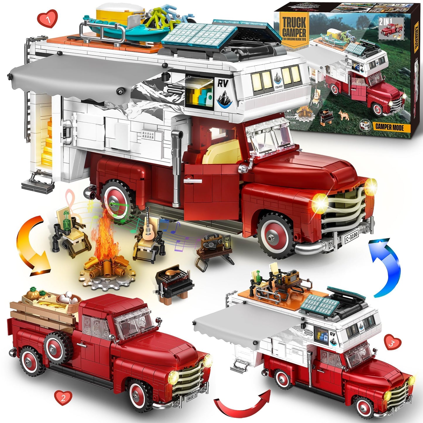 Zylvoxia Camper Van Buliding Block for Adults, 2 in 1 Include Camper Rvs and Farm Pick-up Trucks Building Block Gift for Teens and Adults, Farm Trucks