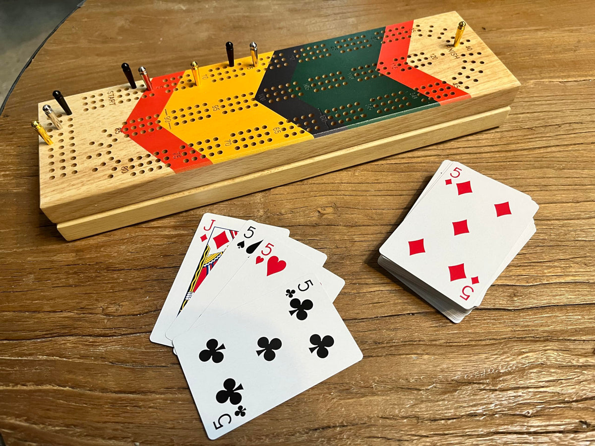 Pacific Shore Games Canoe Cribbage Board Game Set, Cheveron Nautical Print, Continuous 3 Track Travel Cribbage Boards Unique, Wooden Board Games for