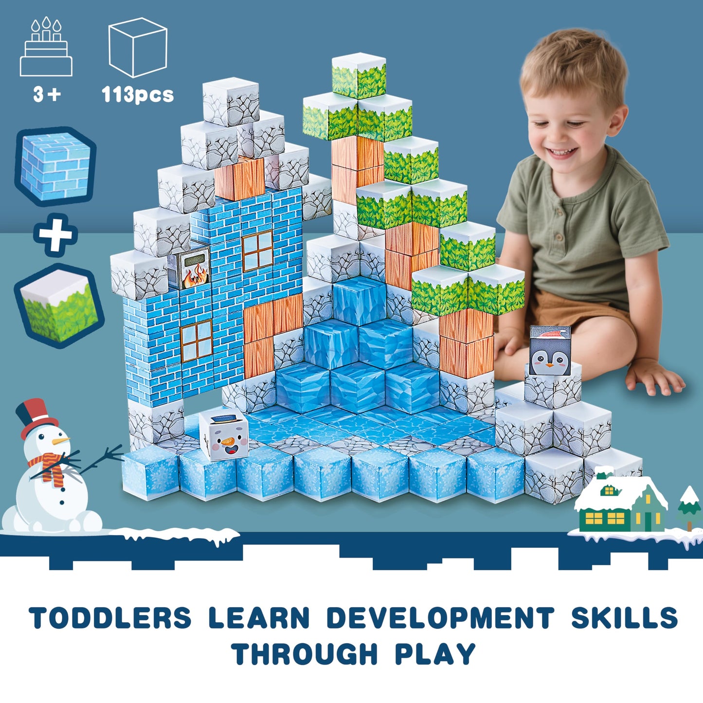 113PCS 1'' Magnetic Blocks, Magnetic Building Cube Toys for Kids, STEM Montessori Stacking, Sensory Education Toys for Toddlers Building World Set