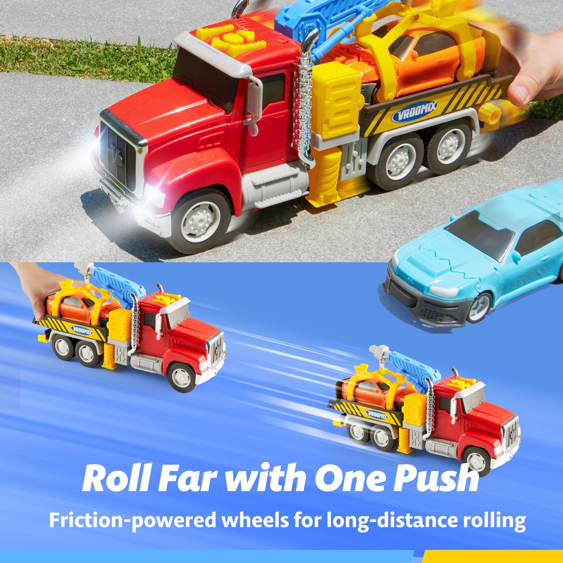 JOVA Vroomix Kids Tow Truck Toys for 3 4 5 6 7 Years Old Boys, Toddler Car Toys, Large Truck with 2 Transformation Cars and Trailer, Crane with Lights