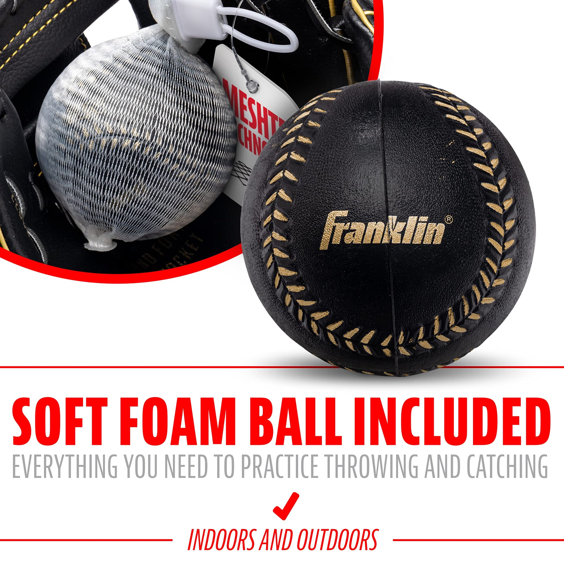 Franklin Sports Meshtek Teeball Fielding Glove with Ball - Right Hand Throw - 9.5" - Black/Gold