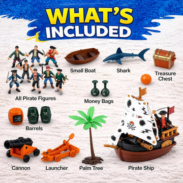 Liberty Imports Bucket of Pirate Action Figures Toys Playset with Pirate Ship, Boat, Treasure Chest, Cannons, Shark for Kids Imaginary Pretend Play