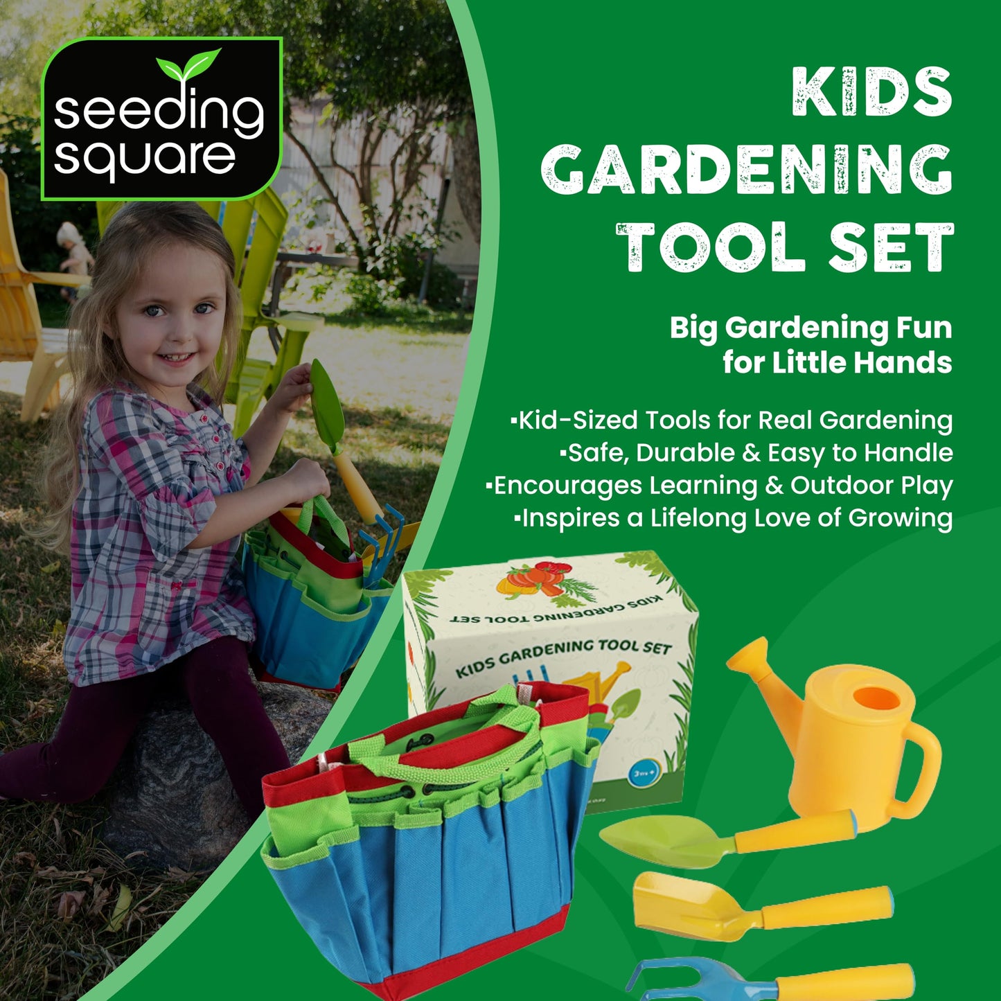 Kids Garden Tool Set with Trowel, Shovel, Rake, Watering Can & Tote Bag Kit