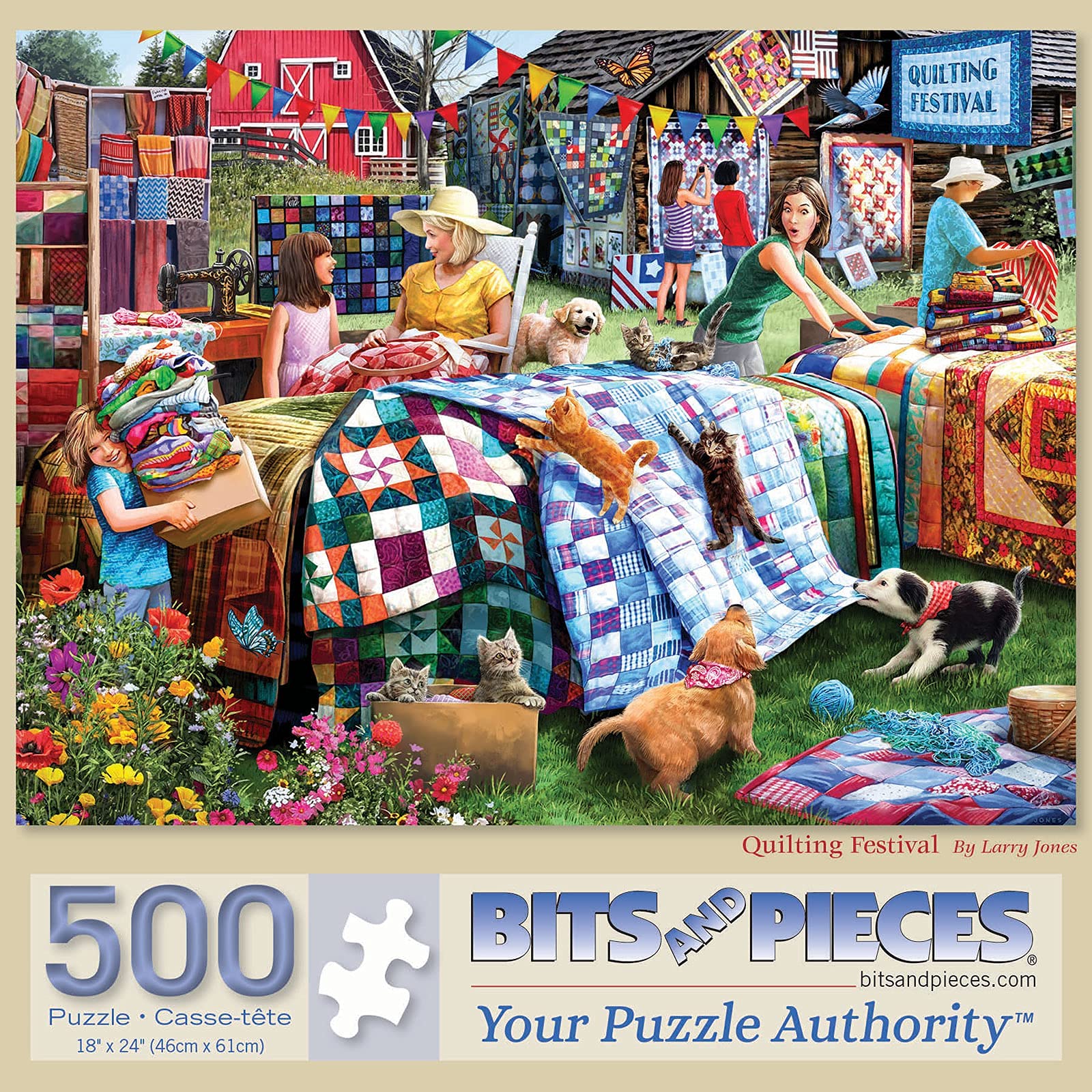 Bits and Pieces 500 Piece Puzzles for Adults - Quilting Festival - Large 18" x 24" Jigsaw Puzzles 500 Pieces Americana Farm Quilt, No 2 Pieces Alike