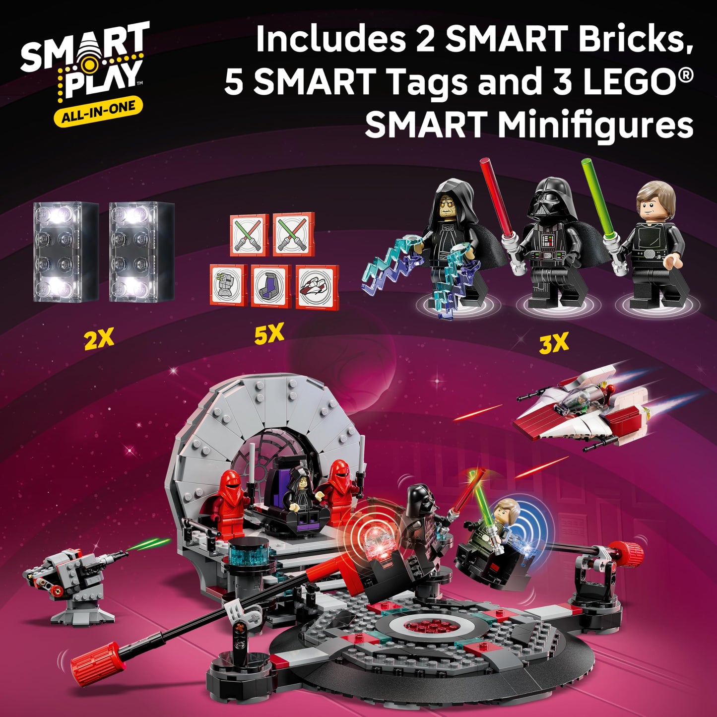LEGO Star Wars SMART Play: Throne Room Duel & A-Wing Interactive Building Toy - All-in-One Set - Reacts to How You Move and Play with a SMART Brick