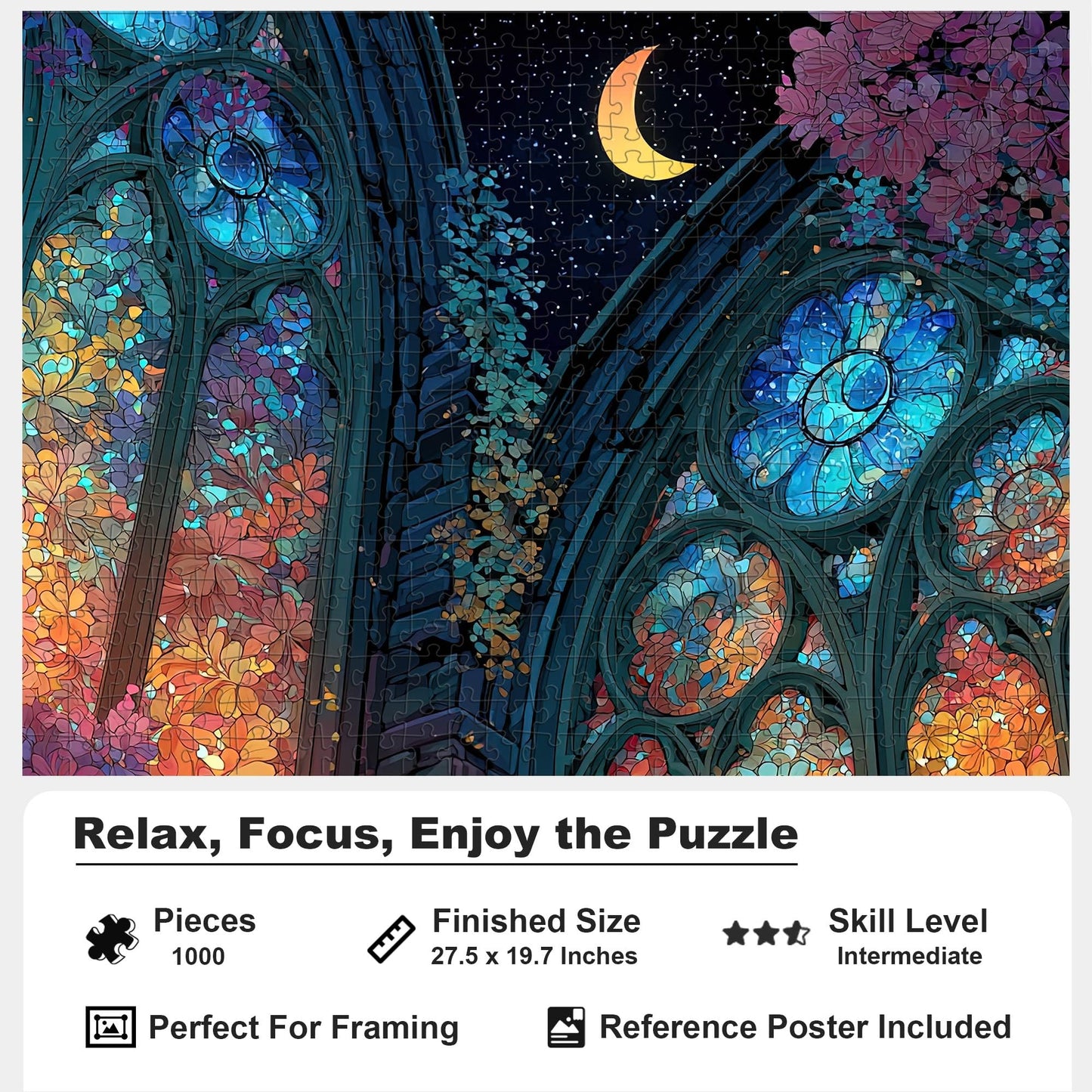 Moon Night Fantasy Puzzle 1000 Pieces for Adults, Stained Glass Art