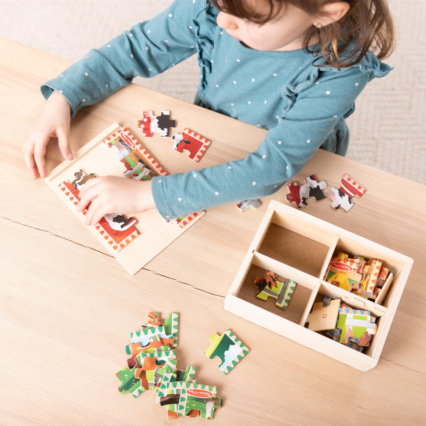 Melissa & Doug 4‑in‑1 Wooden Farm Jigsaw Puzzle Set, 48 Pieces with Storage Box, Toddler Puzzle Toy for Kids Ages 3+