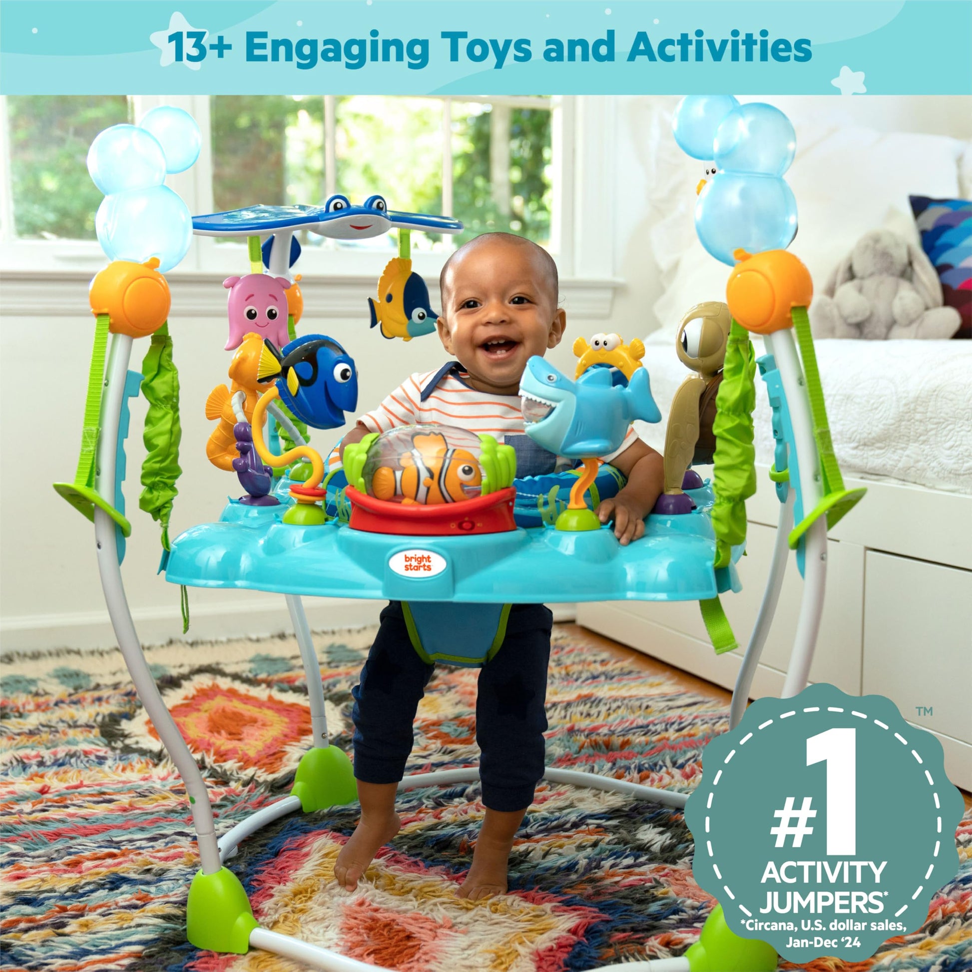 Bright Starts Disney Baby Finding Nemo Sea of Activities Baby Activity Center Jumper with Interactive Toys, Lights, Songs & Sounds, 6-12 Months (Blue)