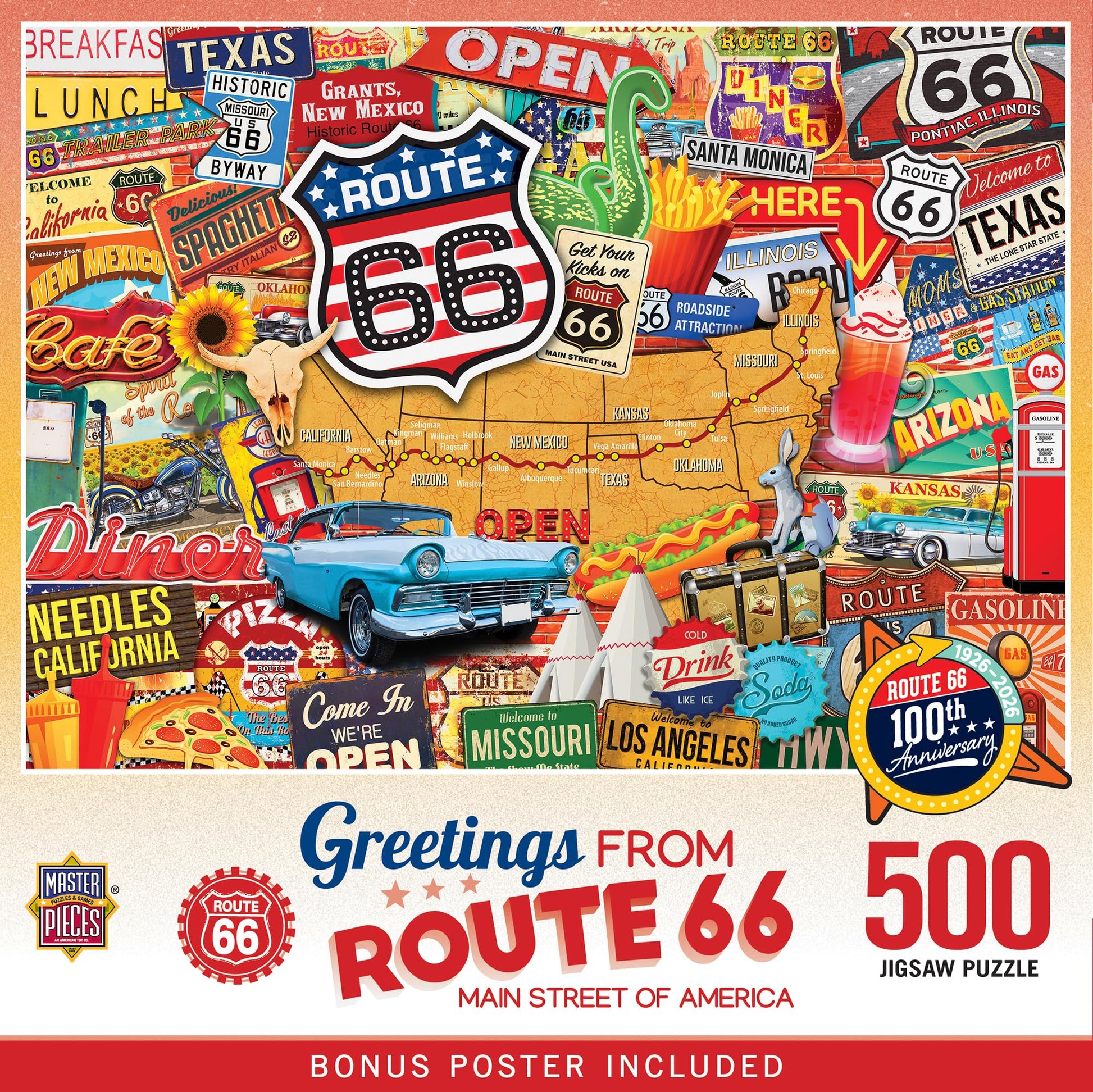 Masterpieces 500 Piece Jigsaw Puzzle for Adults, Family, Or Kids - Greetings from Route 66-15"x21"